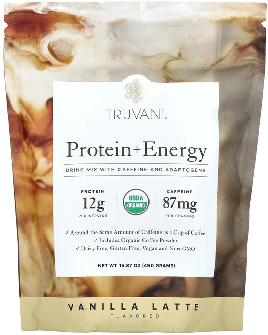 Truvani 단백질 + 에너지 바닐라 라떼 450g(15.87oz) Truvani (트루바니), 450g, 1개 - 쿠팡