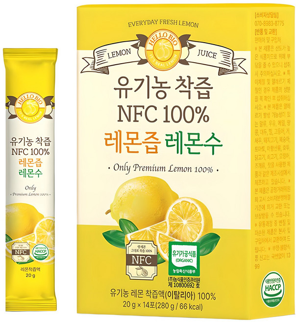 헬로바이오 유기농 착즙 NFC 100퍼센트 레몬즙, 280g, 1개