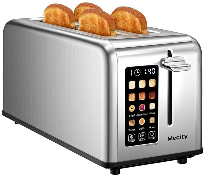 mecity 4 슬라이스 토스터 터치 스크린 3.8cm(1.5인치) 길이 슬롯 베이글 머핀 와플 글루텐 프리 빵용 스테인리스 스틸 스마트 브레드 토스터 타이머 해동 재가열, Stainless Steel_131269