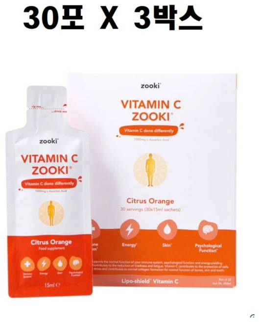 ZOOKI 유어주키 리포솜 비타민 C 1000mg 시트러스 오렌지 맛 15ml 30포 X3박스 사쉐 3개월, 450ml, 3개 - 쿠팡