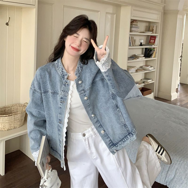 옌츠 레이스 패치 데님 코트 여성용 오버핏 데님 재킷 25CY0726