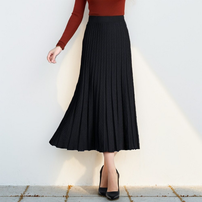 리빙스캔들 여성 겨울 니트 롱 플레어 스커트 A라인 밴딩 주름 치마