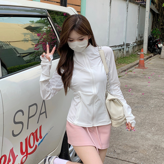 女性立領防曬外套 修身顯瘦 輕薄透氣, 清新白, XL