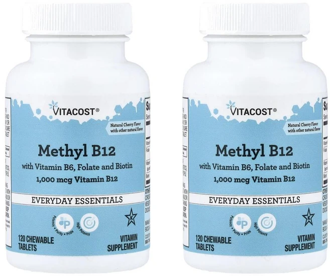비타코스트 메틸 B12 위드 비타민 B6 폴레이트 앤 바이오틴 Vitacost Methyl B12 with Vitamin B6 Folate and Biotin Natural C, 2개, 120정 - 쿠팡