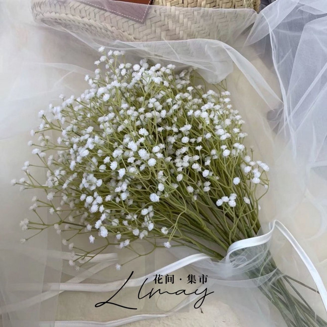 Lmay 滿天星仿真花束 小清新家居裝飾拍照道具, 1個, 白色10支+透明袋+絲帶（圖片效果）