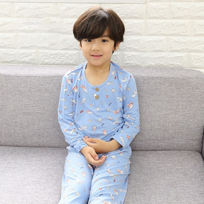 행복한쇼핑몰 남아용 무형광 피치 기모 블루 퍼피스타 상하의 긴팔 세트