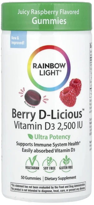 Rainbow Light Berry D-Lcious™ 비타민D3 쥬시 라즈베리 62.5mcg(2500IU) 구미젤리 50개, RainbowLightBerryDLcious비타민D3쥬 - 쿠팡