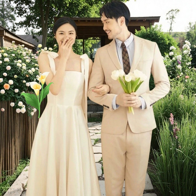 결혼식 셀프웨딩드레스 새틴 스트랩 웨딩드레스 웨딩촬영