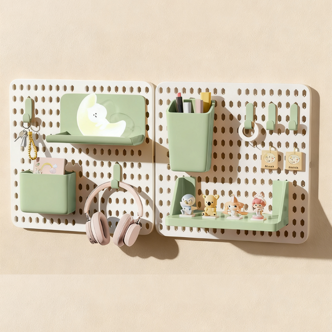 페그보드 타공판 세트 수납 동굴판 DIY 선반 세트 다용도 벽걸이 책상 정리 인테리어, 1단, 녹색