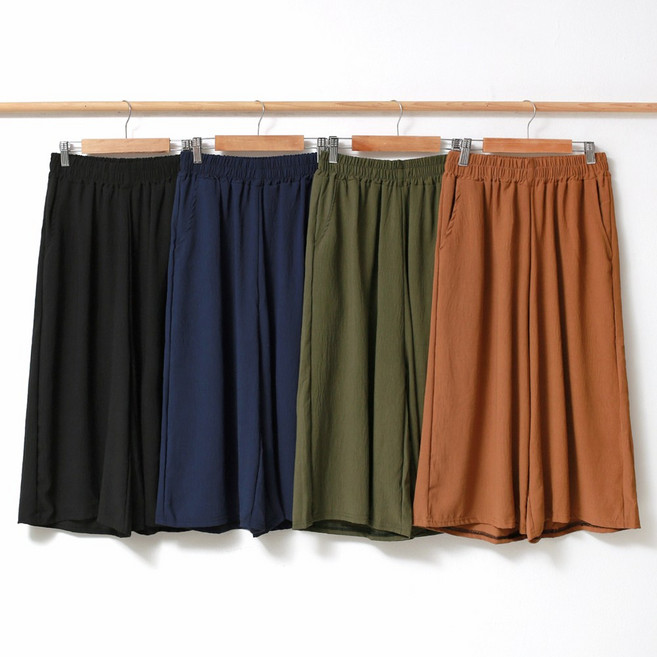 인디오 여성용 폴리마원단 린넨 쿨링 스판 밴딩 7부 통 와이드팬츠 NCH6230