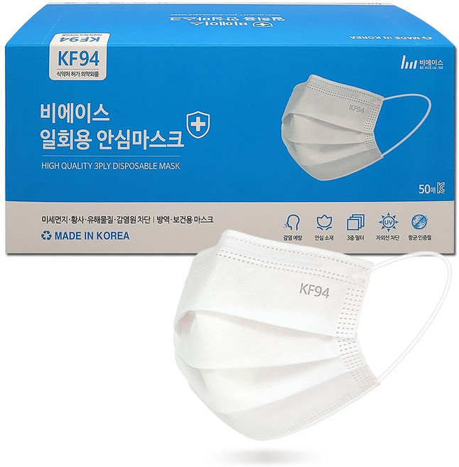 KF94 덴탈형 마스크 [중형] / 자외선차단 항균 소재, 화이트, 1개, 50매입
