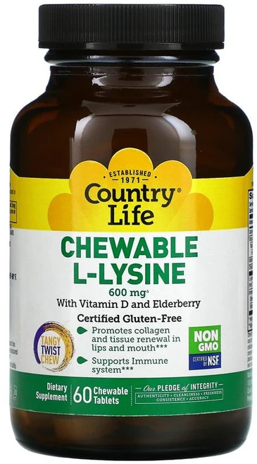 Country Life 컨트리 라이프 츄어블 L 라이신 및 비타민D 엘더베리 300mg 60 츄어블정 콜레칼시페롤 전해질 함유, 2병, 60정 - 쿠팡