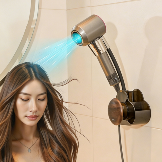 YOPENCE 무타공 각도조절 드라이기 거치대 수납형 핸즈프리, 블랙, 1개