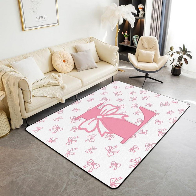 Jejeloiu Pink Bow Area Rug 3x5 Cute Bowknot Living Room Rugs for Kids Boys Girls Bedroom Initial L