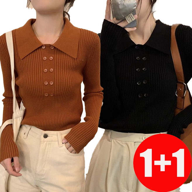 ZIGODAG 1+1 고급스러운 카라 골지 니트 여성 긴팔 상의 WYYYYBD72466