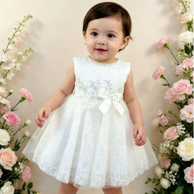 여아용 화이트 레이스 드레스 무소매 리본 퐁퐁스커트 공주복 백일 드레스 돌드레스 D-012