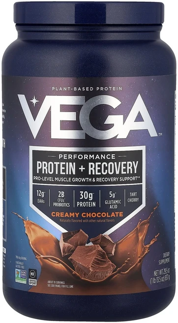 Vega 식물성 단백질 운동 능력 향상 단백질 + 회복 크리미 초콜릿 맛 837g(1lb 13.5oz) Vega (베가), 834 g, 1개, 837g - 쿠팡