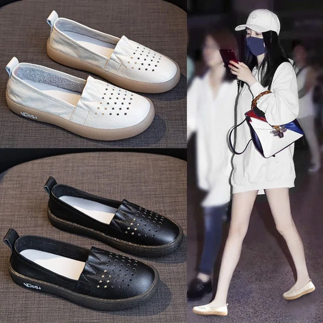 캐주얼 여성 로퍼 스타일 통풍 펀칭 슈즈 여름용 키높이 소가죽 플랫