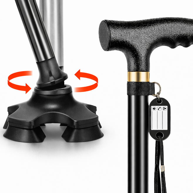 리브하움 4발지팡이 어르신지팡이 노인지팡이 할머니 할아버지 미끄럼방지 길이조절, 1개, 검정색