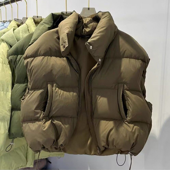 티티웍스 하이넥 웰론 스트링 집업 숏 패딩 조끼 레이어드룩 경량