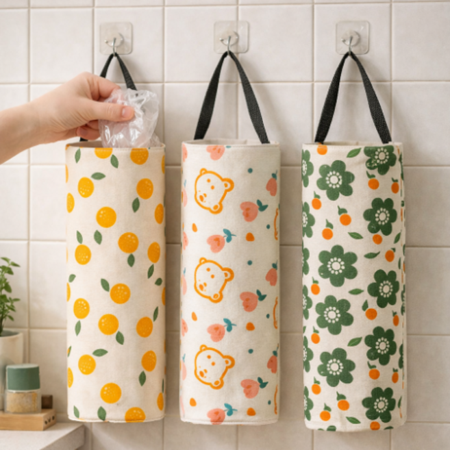 일상채움 린넨 걸이형 비닐봉지 정리 포켓 고리 포함, 3개, 귤+곰돌이+플라워