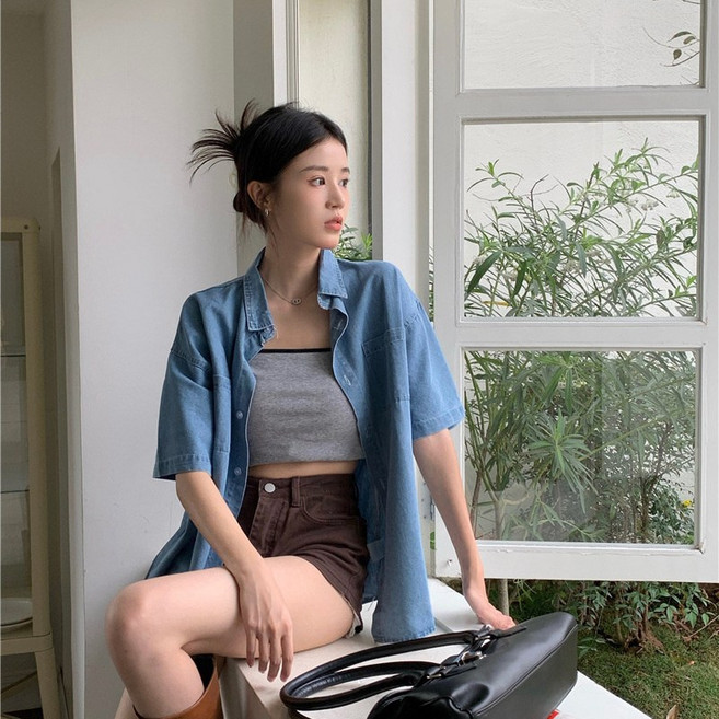 DFMEI 寬鬆短袖牛仔襯衣女春夏休閒設計感薄款外套上衣