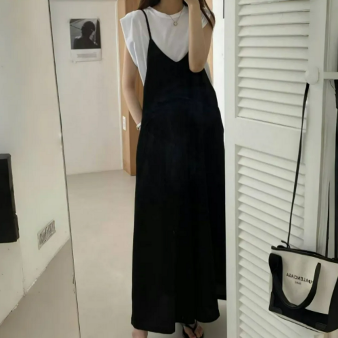 쩐쿠 여성 봄 여름 슬림핏 체형커버 끈 쉬폰 점프수트 (반팔티 불포함) K0347