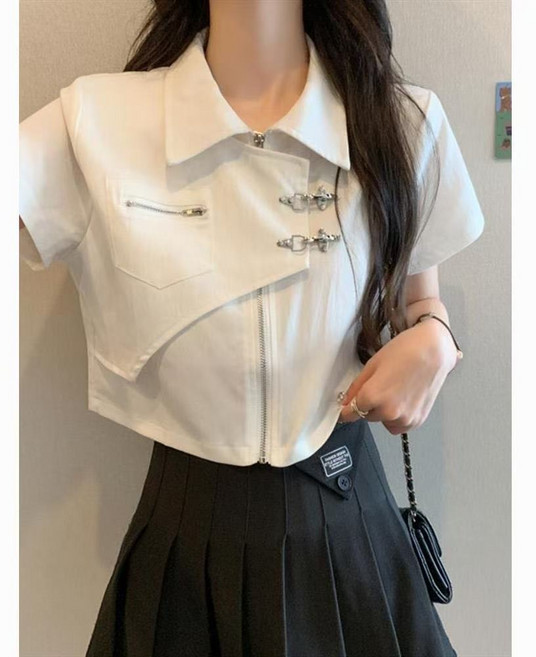 短袖設計感不規則襯衫女