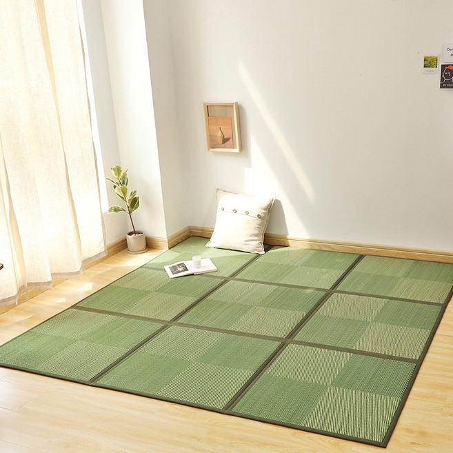 Belle Vie 和風可折疊透氣藺草涼蓆 日式榻榻米地墊 九宮格 綠格子, 九宮格-綠格子