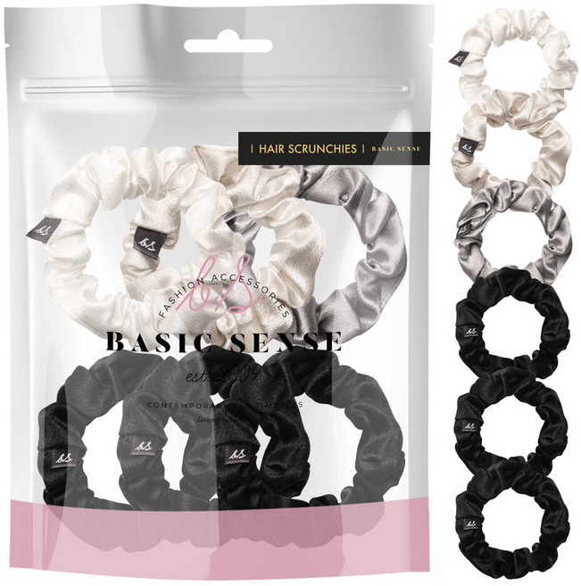 베이직센스 실키 새틴 미니 곱창밴드 스크런치 6개 세트 머리자국없는 데일리 헤어슈슈 무지 머리끈