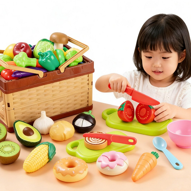 토요요 과일채소 소꿉놀이 세트 싹둑 과일 야채 자르기 유아 주방놀이 역할놀이 장난감 Q-GS1, 46개