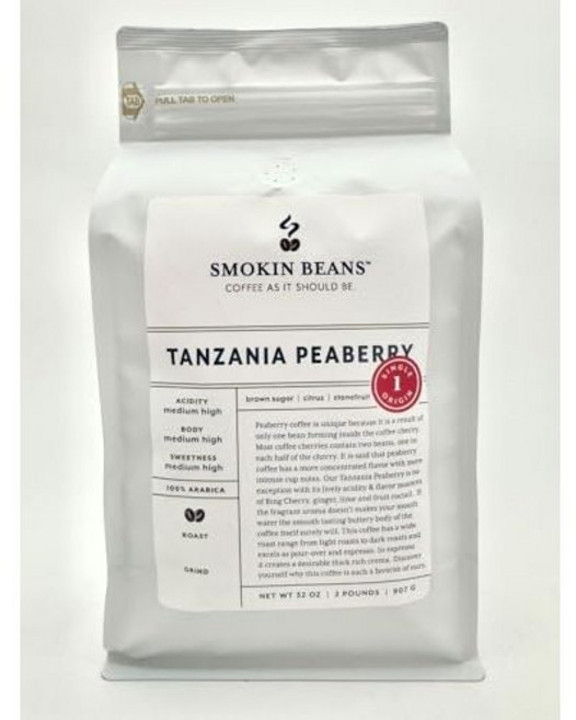 프리카 탄자니아 피베리 (907g 백) 프리미엄 아라비카 Smokin Beans 2-Pound Africa Tanzania Peaberry Coffee Washed Proce, 16온스(2팩), 1개, 907g