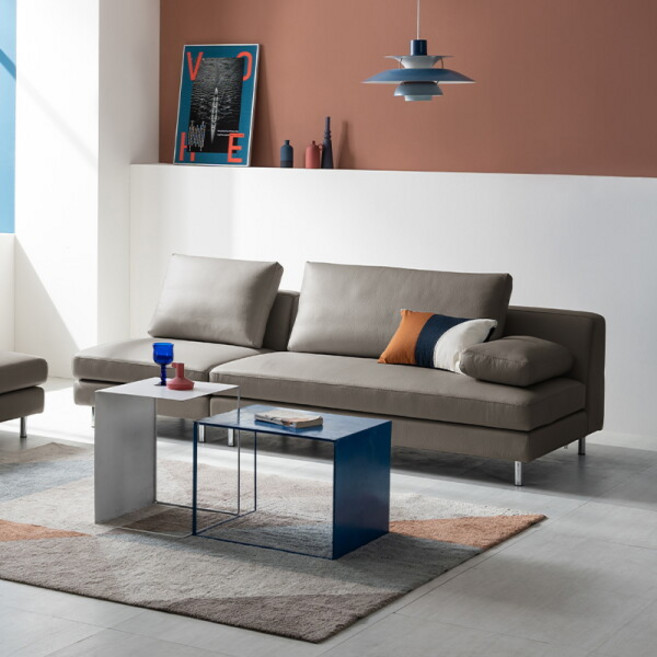 [다우닝] 슈가 2인 오픈형 모듈 전체 천연 면피가죽 소파+스툴, 색상:엘뉴그레이