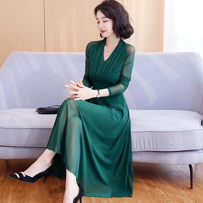 AOKADA 여성 봄 가을 슬림핏 브이넥 플리츠 프릴 망사 긴팔 A라인 롱 원피스