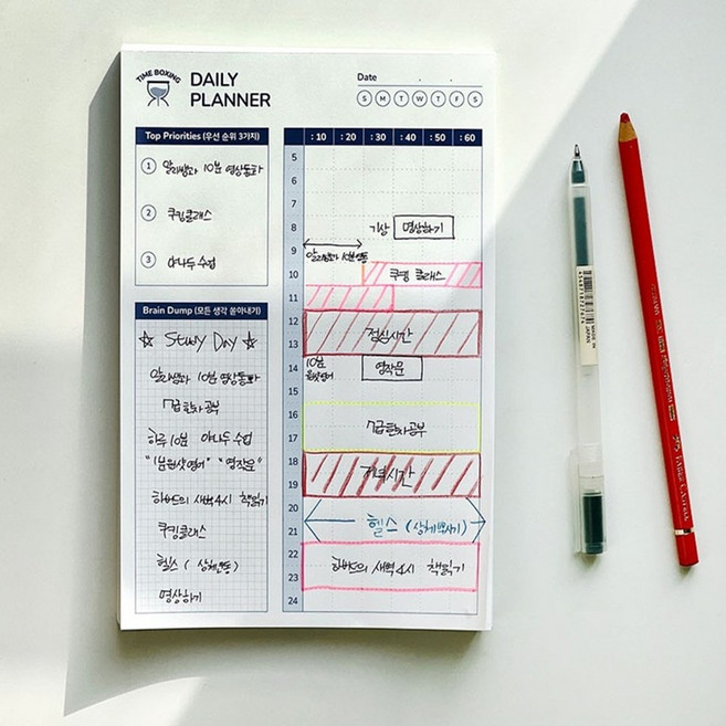 성공 타임 박스 플래너 타임 플래너 테이블 일론머스크 계획표 떡메모지 A5 100메 투두리스트 시간관리 스케쥴러, 10분단위(블루)