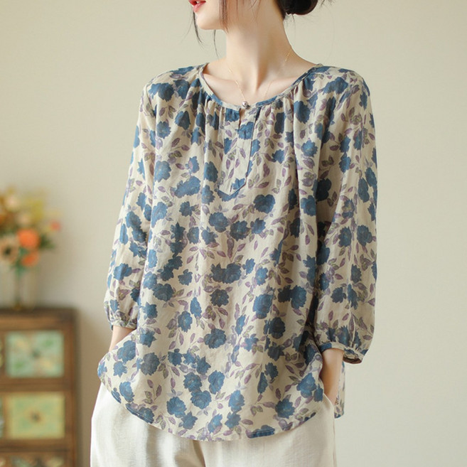 플랜앤유 여성 플라워 루즈핏 7부 벌룬소매 여름 쉬폰 프린트 블라우스