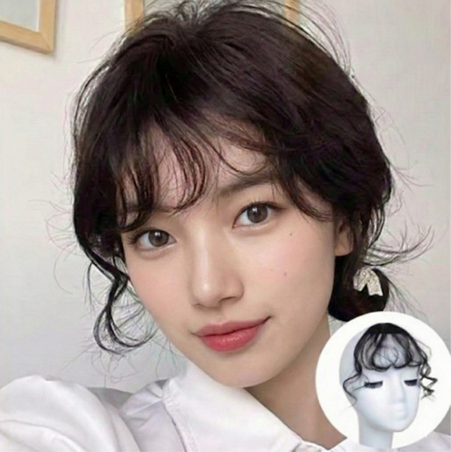 S컬 웨이브 앞머리 가발 헤어피스 옆머리 부분가발 펌_ 20259877EA, 블랙