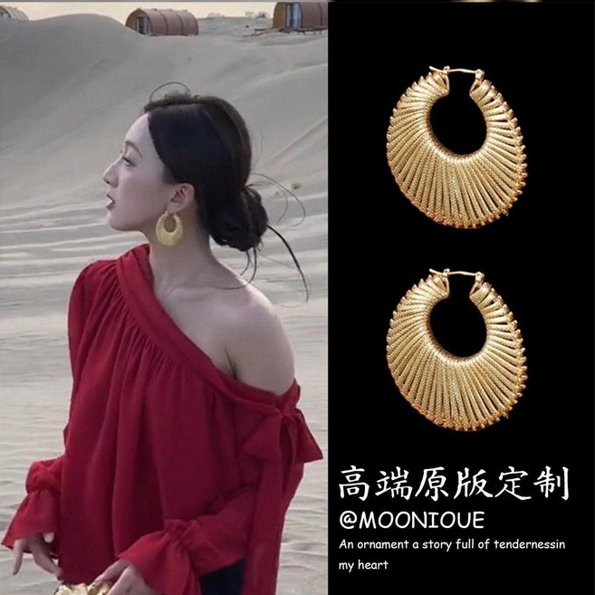 金色螺紋編織耳環 歐美復古誇張時尚耳飾女