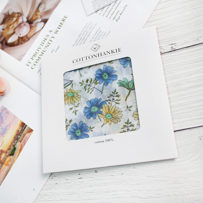 렌느 여성손수건 국산 아사 가제 면 미니 쁘띠스카프 목손수건 케이스포장 플라워 꽃무늬