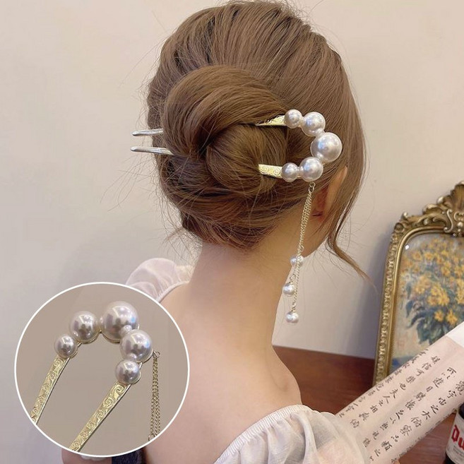 簡約金屬U形髮簪 珍珠髮飾 日韓流行髮插