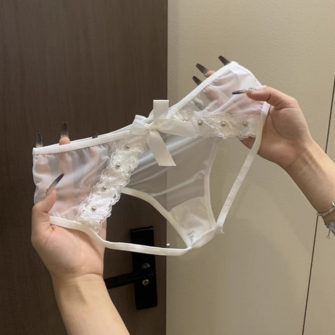 新款蕾絲開襠性感內褲女 低腰純慾女士三角褲 柔軟親膚透氣, 白色