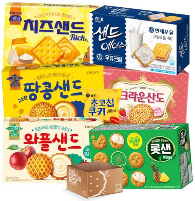 온리 샌드 비스켓 낱개포장과자 세트6종(+1)산도 딸기323g+샌드 에이스 우유크림 204g+애플샌드 272g+롯샌 315g+치즈샌드 180g+국희 땅콩샌드 279g, 6종+냠냠상회전용선물포장박스, 1세트