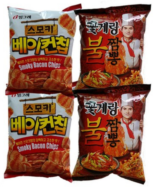 빙그레 꽃게랑 불짬뽕 70g x 2p + 스모키베이컨칩 70g x 2p, 1세트