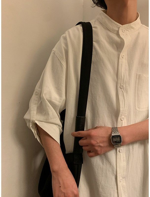 軍綠色無領襯衫男棉麻新中式國風漢服唐裝中山裝外套七八分袖夏季