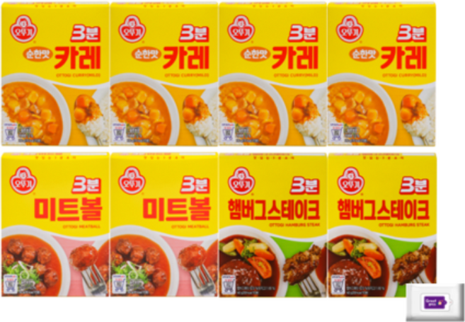 3분카레순한맛4개+3분미트볼2개+3분햄버그스테이크2개+그레잇물티슈(10매), 1개