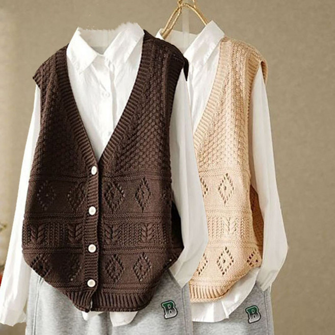 ORZQU 1+1 봄 여성 브이넥 스웨터 나시 루즈핏 문예 니트 조끼