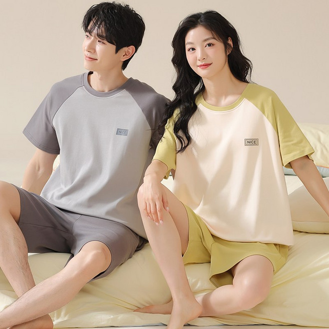 YANGTA 여름 100% 코튼 반팔 커플 잠옷 홈웨어 부드러운 상의 하의 파자마 세트