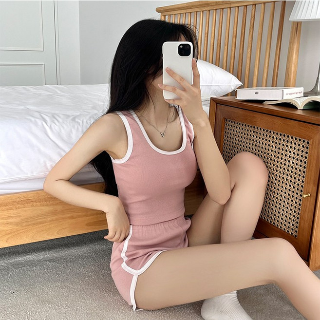 어나더뷰 1935 [4컬러] 롤린 돌핀 팬츠 세트 여름 크롭 민소매 반바지 슬리브리스 밴딩 트레이닝복 잠옷 파자마 상하세트