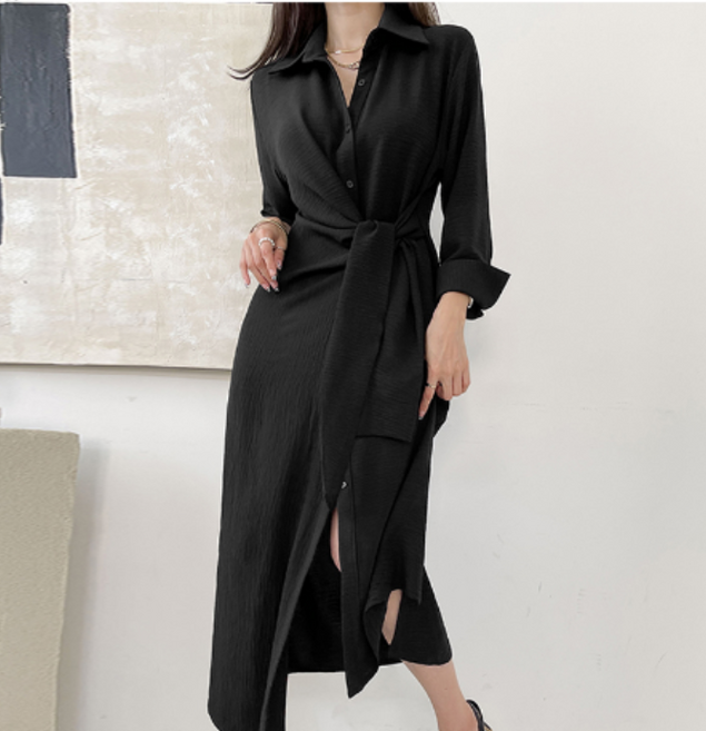 체인지쉬(change she) 여성 클래식 언발란스 매듭 카라 셔츠 긴팔 원피스