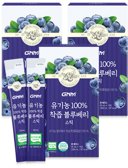 GNM 유기농 100% 착즙 블루베리 스틱, 3개, 280ml